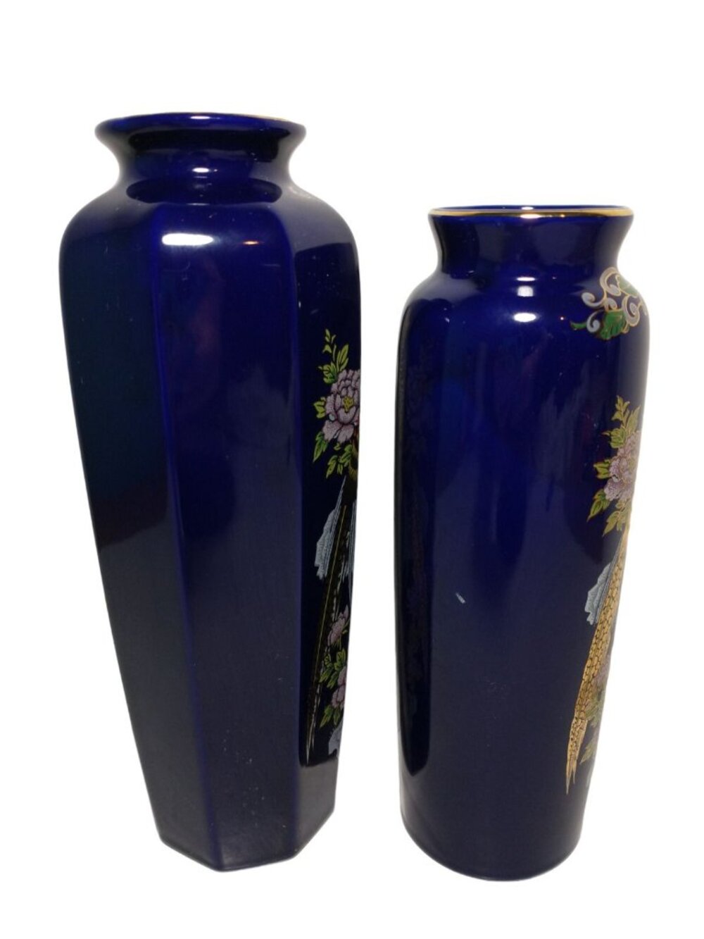 Vtg Cobalt Blue Vase with Pheasant Gold Accents Lot of 2 Japan Signed - Picture 4 of 10